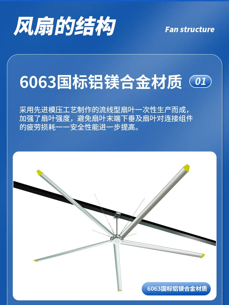 润喆HVLS工业大风扇6063国标铝镁合金扇叶结构